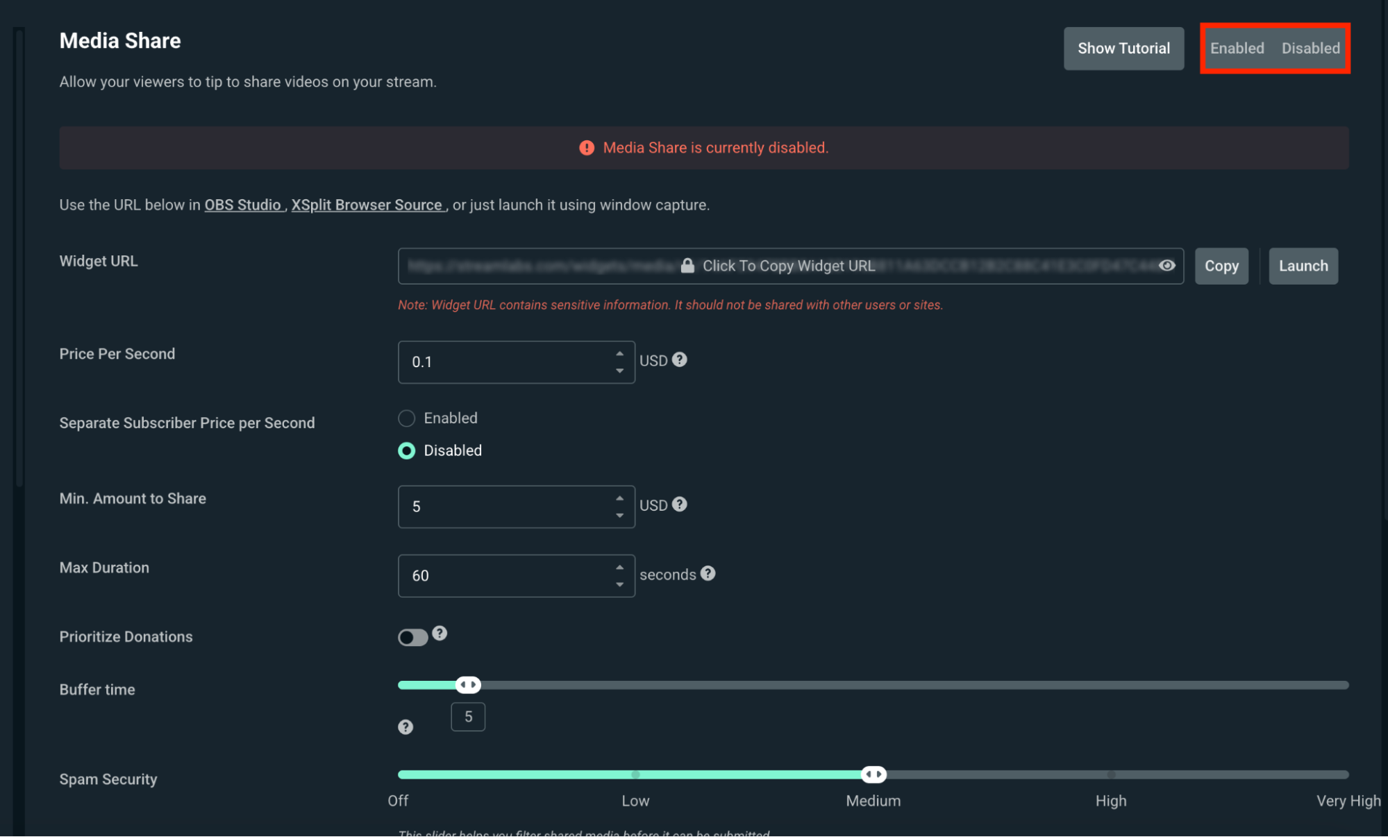streamlabs media share widget in web dashboard